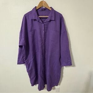 Vivid Linen Midi Shirt Dress Purple Roll Tab Sleeve Relaxed Lagenlook Resort-3X